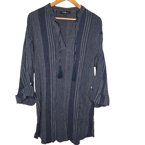 Lulus Flying Away Navy Blue Stripe Embroidered Mini Shift Dress Size Medium - Picture 1 of 12